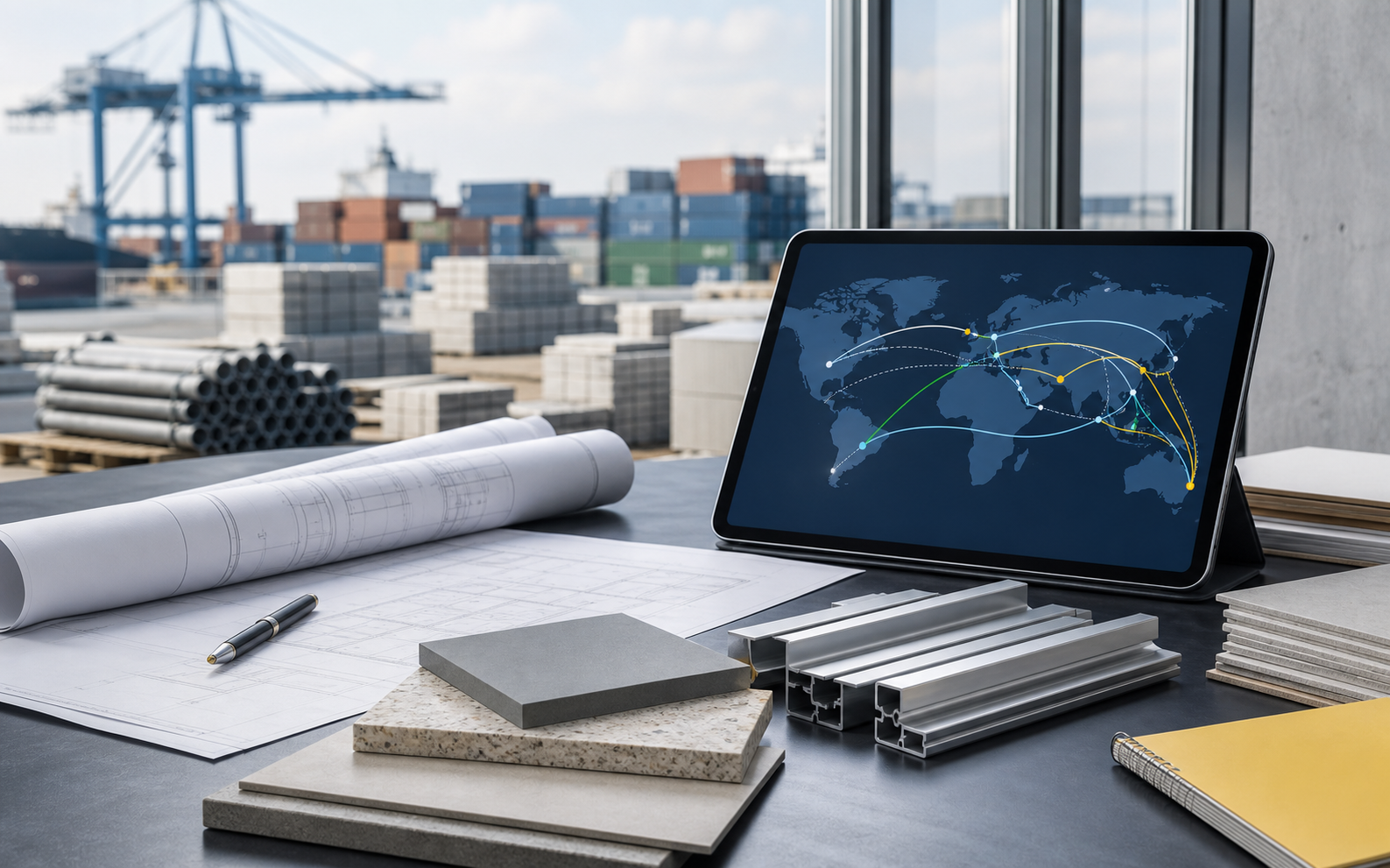 Construction material samples and a logistics route planning screen near a port